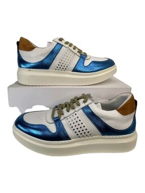 Vaddia Metallic Blue & White Platform Sneakers EU 40 US 9 NWOB Leather Low Top